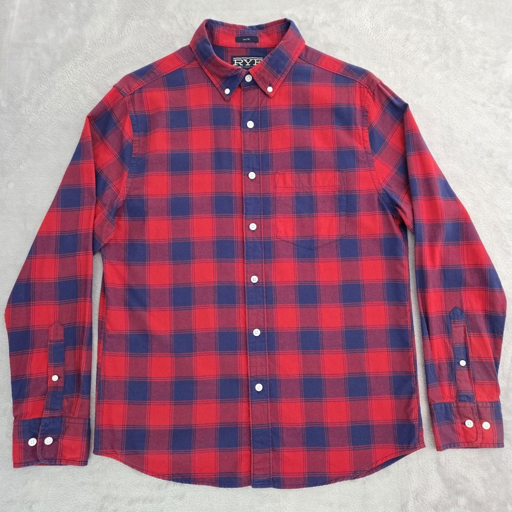 Hawker Rye Mens M Short Slim Flannel Shirt Red Blue Plaid Button Down FA8RYLSOX